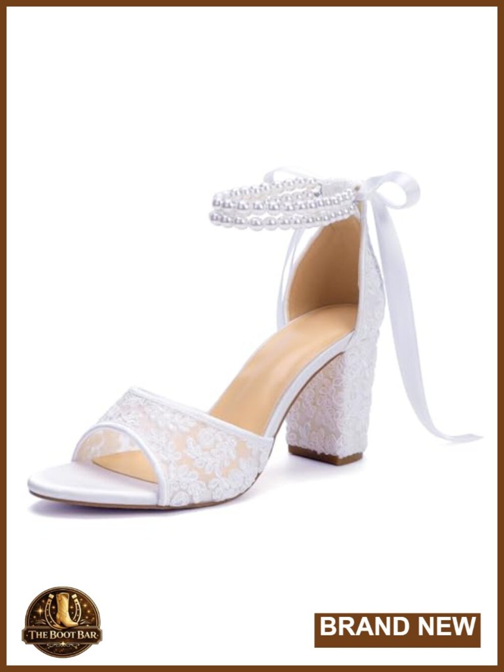 Lace Pearl Block Heel Wedding Sandals for Bride